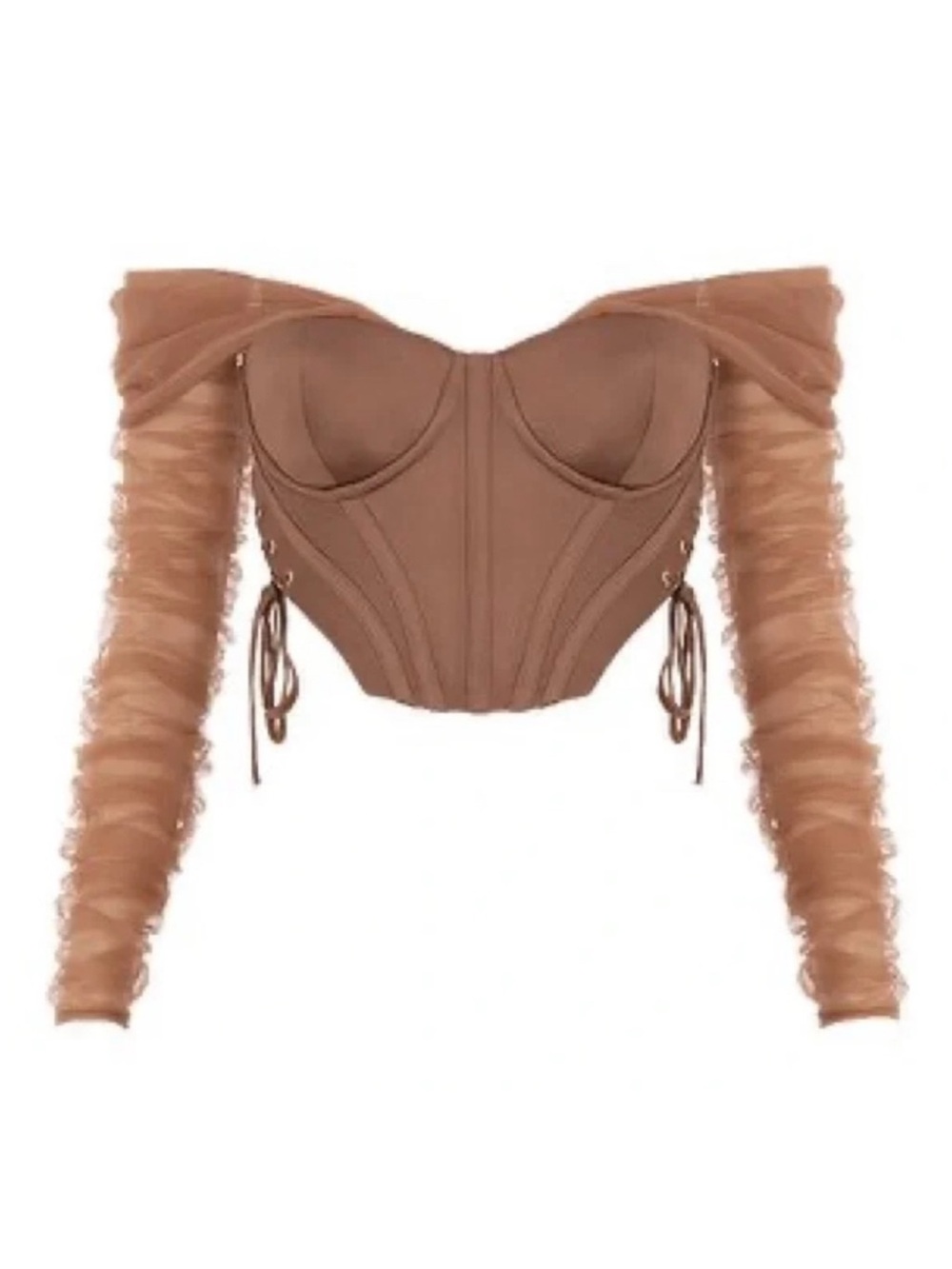 House CB Bonnie Mocha Laceup off shoulder Corset Top with Soft Tulle Sleeves XS